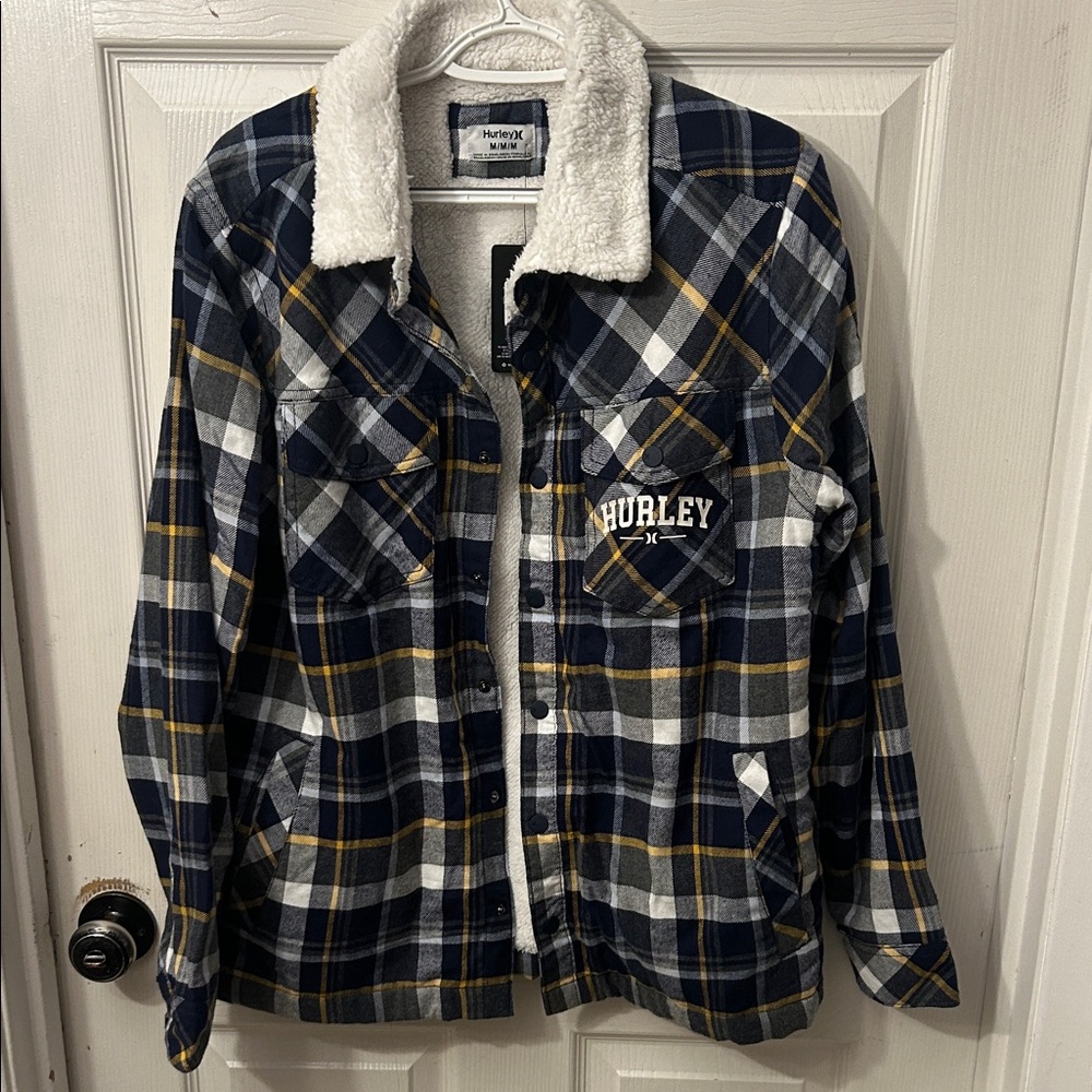 Hurley Blue and Yellow Plaid Jacket with Sherpa Lining